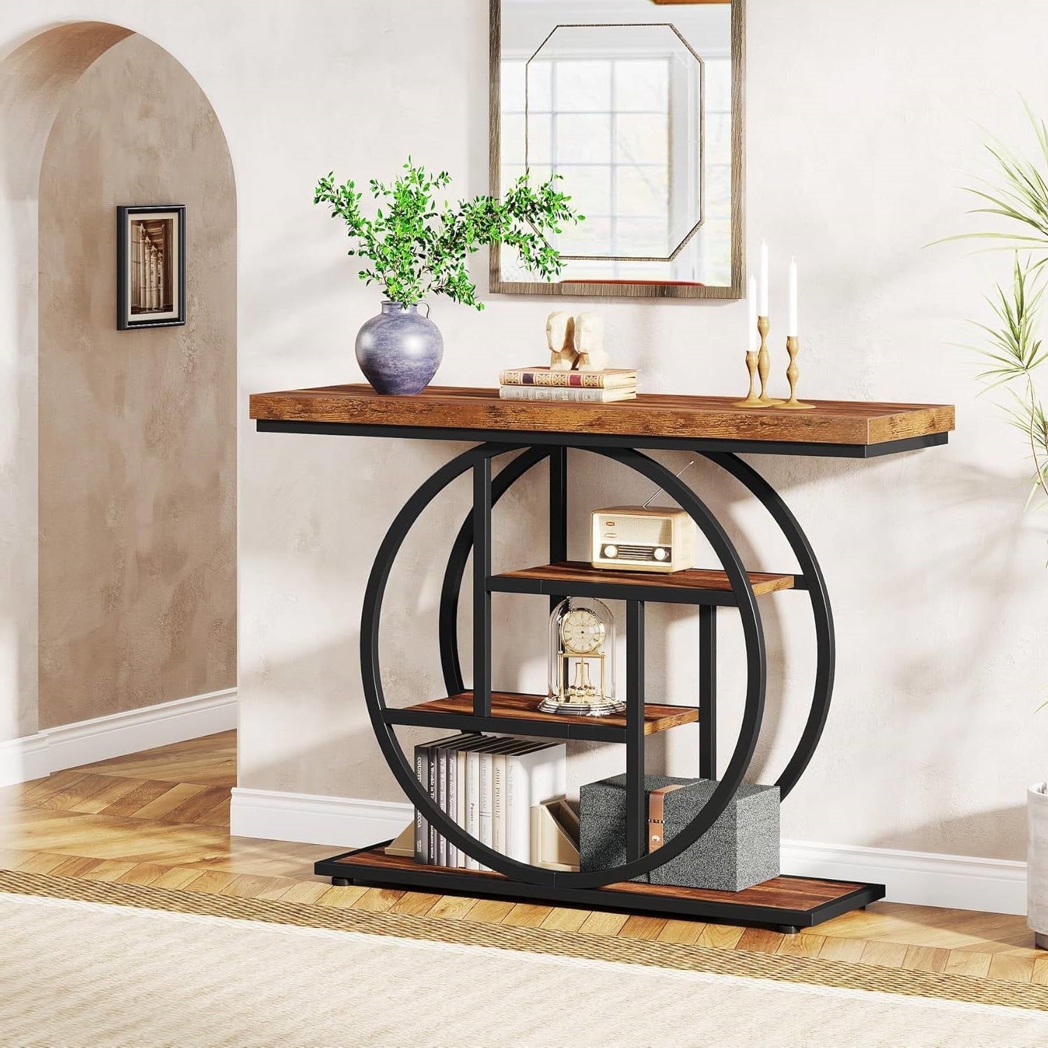 Modern Industrial 41-inch Long Narrow Entryway Foyer Console Table with Shelves in a room with decorative items on top