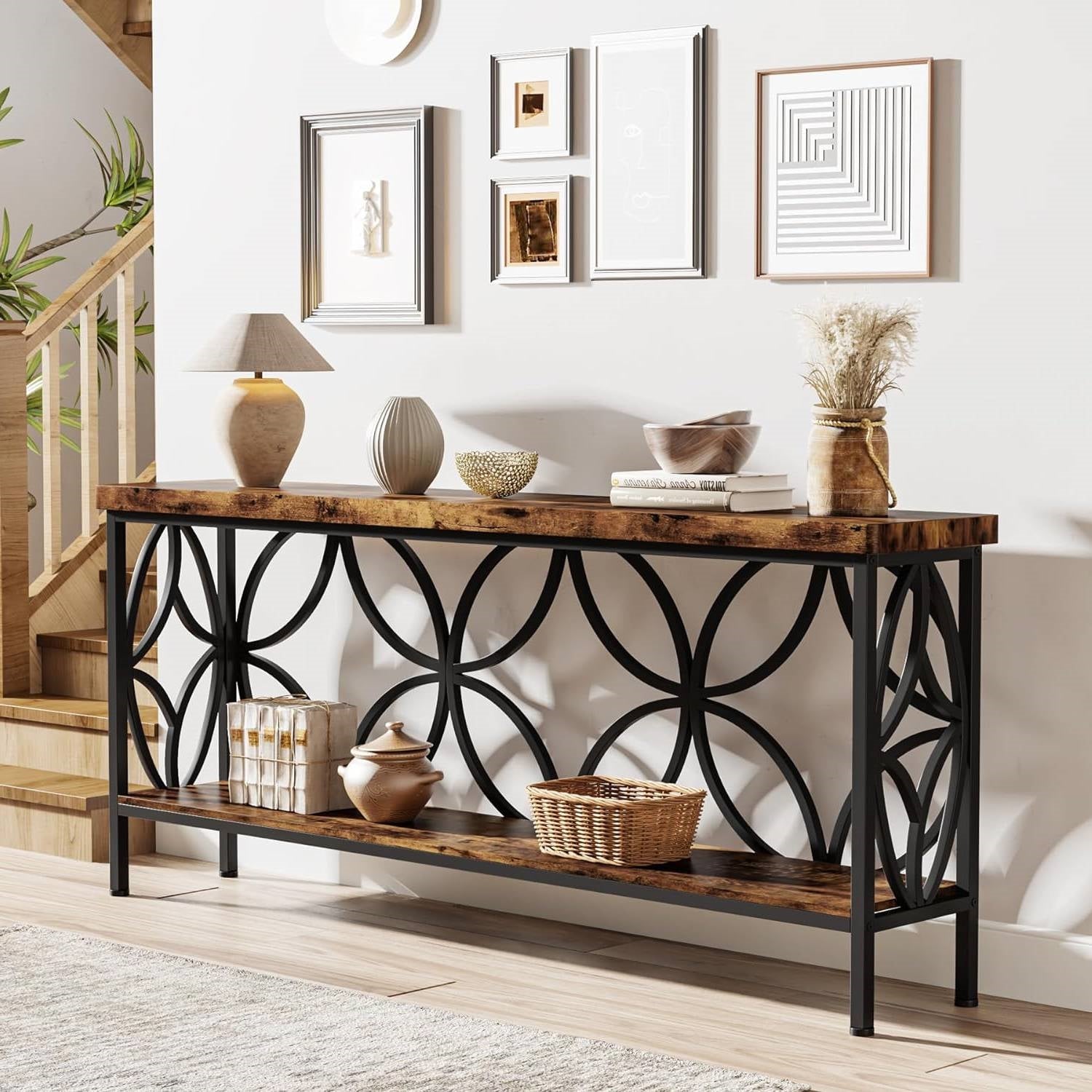 Modern 70-inch Long Narrow Console Sofa Table with Brown Wood Top and Shelf featuring vintage wood grain and metal accents