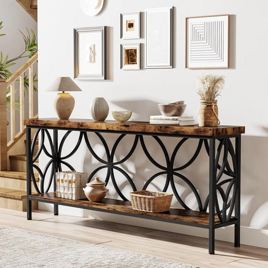 Modern 70-inch Long Narrow Console Sofa Table with Brown Wood Top and Shelf featuring vintage wood grain and metal accents