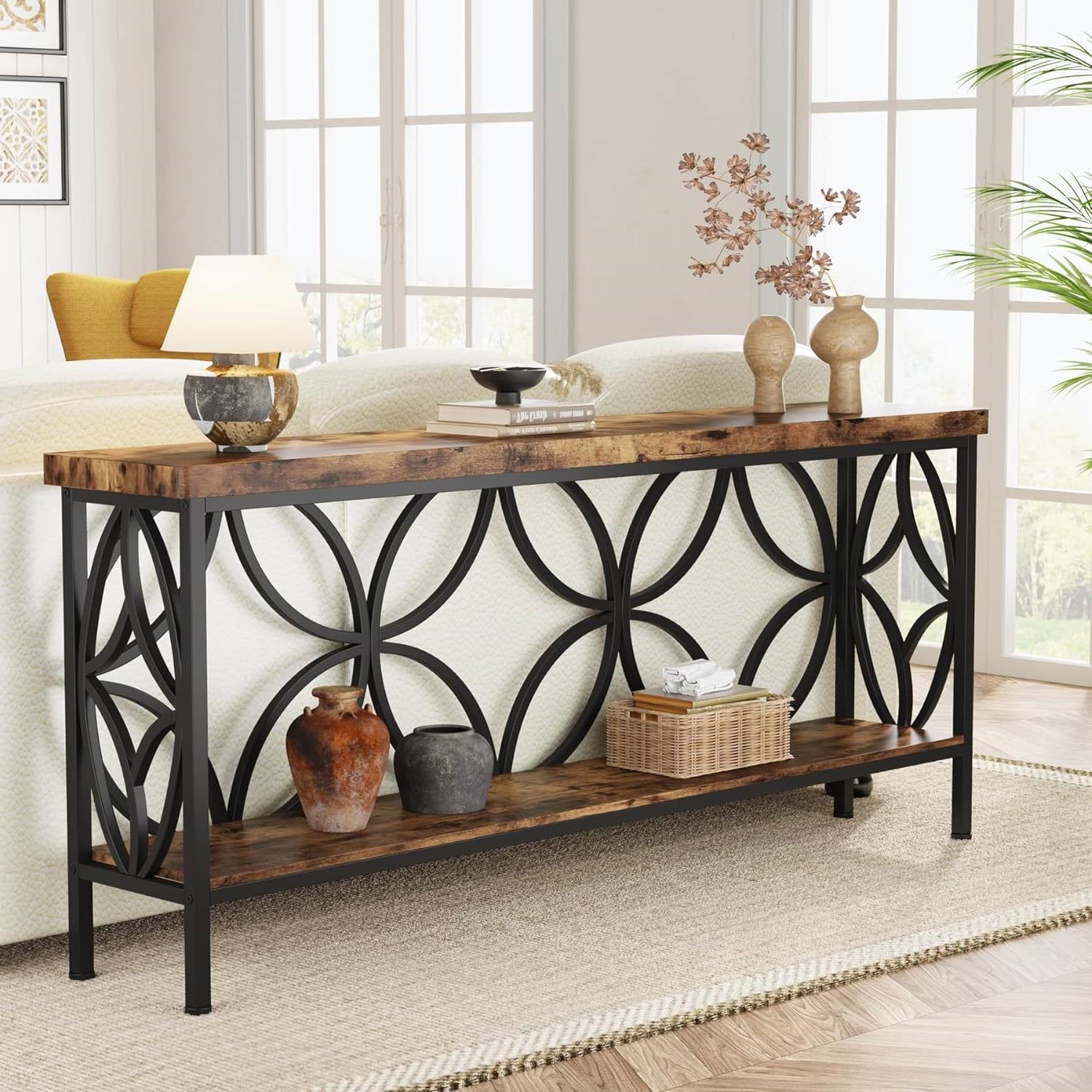 Modern 70-inch Long Narrow Console Sofa Table with Brown Wood Top and Shelf featuring artistic metal frame in home setting