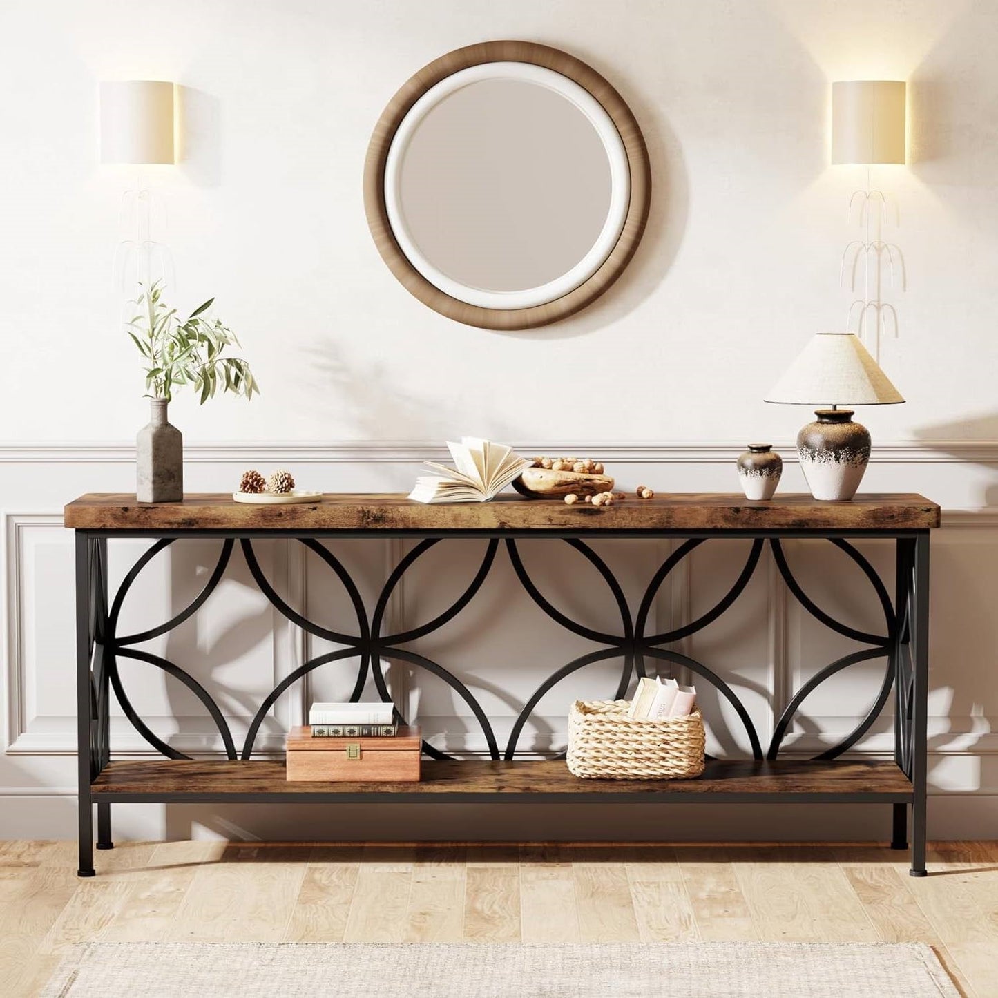 Modern 70-inch Long Narrow Console Sofa Table with Brown Wood Top and Shelf in living room decor