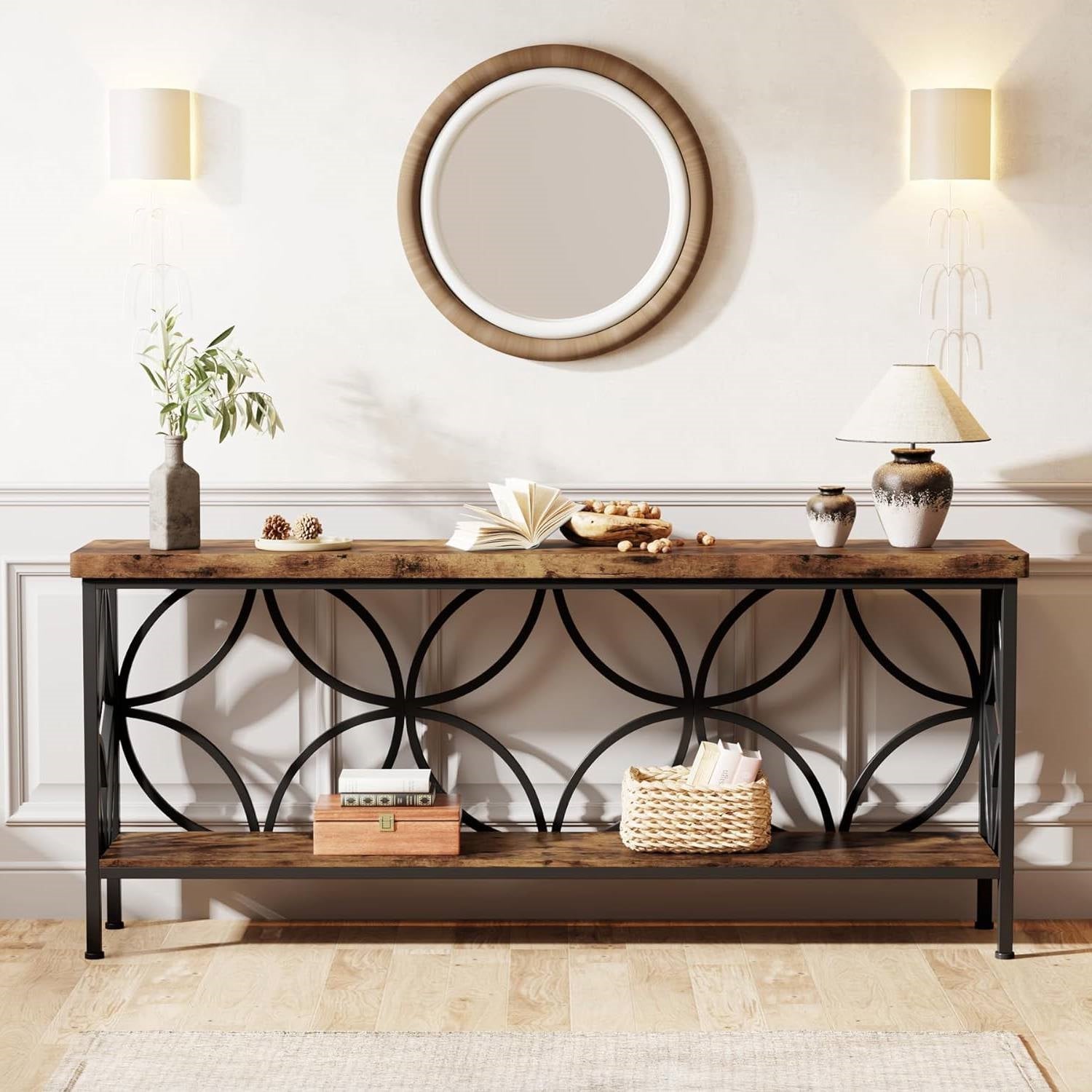 Modern 70-inch Long Narrow Console Sofa Table with Brown Wood Top and Shelf in living room decor