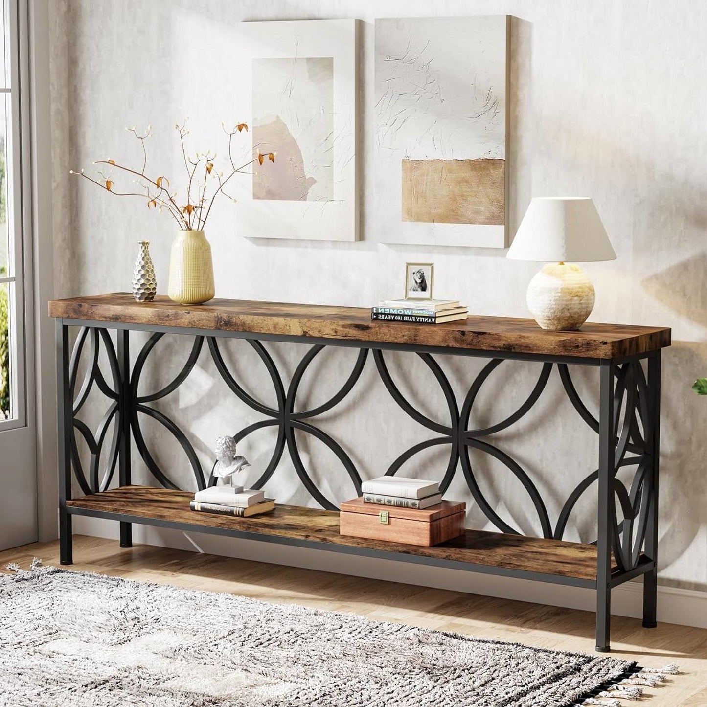Modern 70-inch Long Narrow Console Sofa Table with Brown Wood Top and Shelf featuring metal accents in a living room.