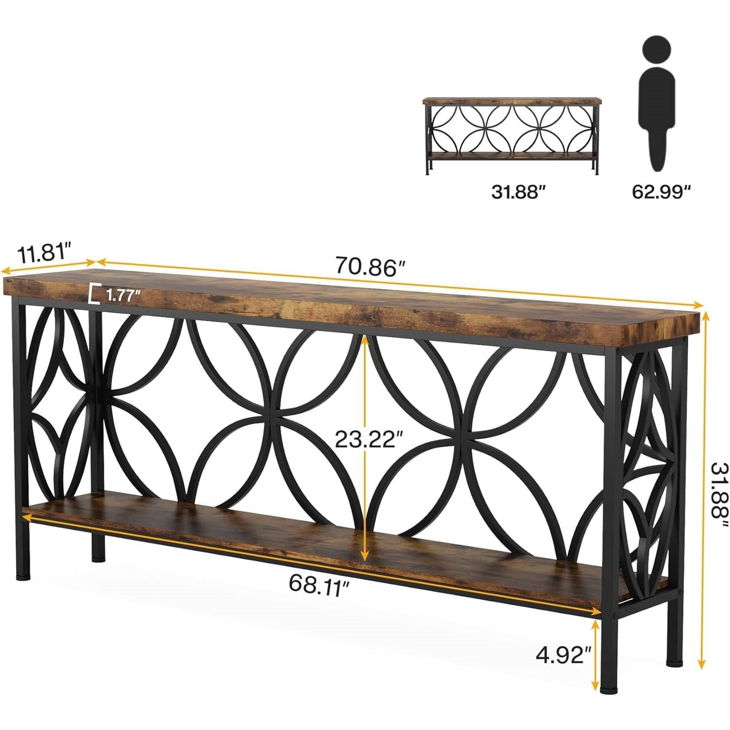 Modern 70-inch Long Narrow Console Sofa Table with Brown Wood Top and Shelf, featuring black metal frame and vintage wood grain surface.