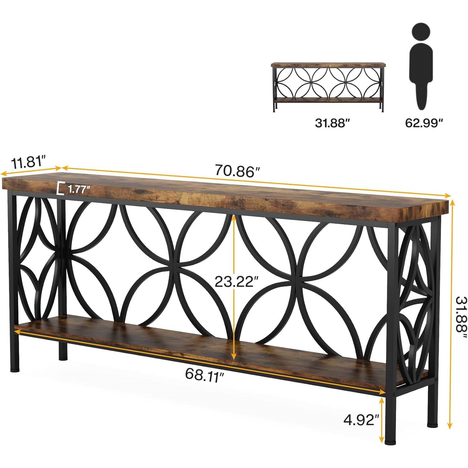 Modern 70-inch Long Narrow Console Sofa Table with Brown Wood Top and Shelf, featuring black metal frame and vintage wood grain surface.