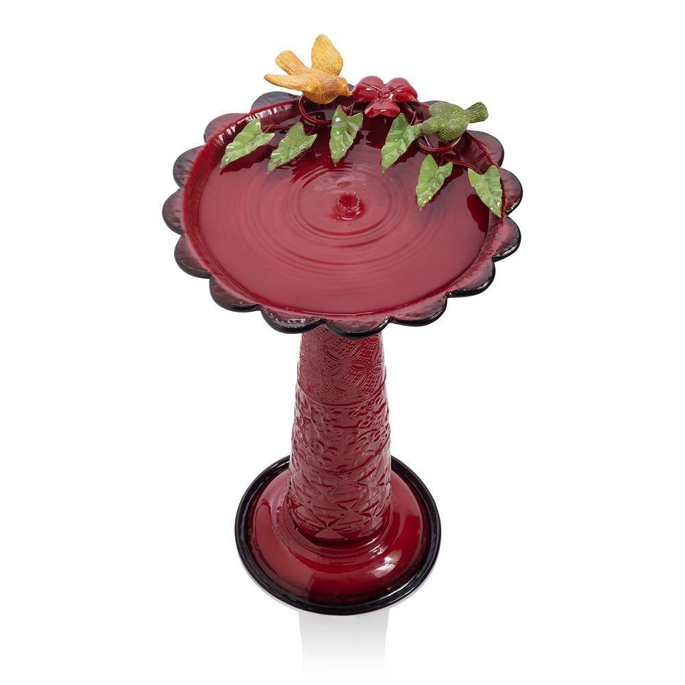 Red Metal Outdoor Garden Patio Birdbath with Decorative Bird Leaf Figurines with bird and leaf accents on a scalloped basin.