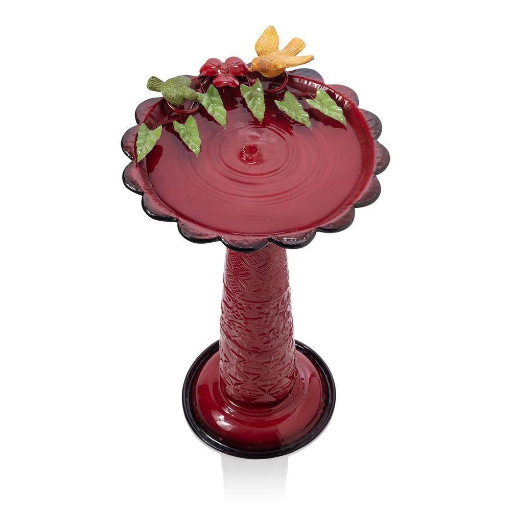 Red Metal Outdoor Garden Patio Birdbath with Decorative Bird Leaf Figurines in red with accent birds and leaves on the edges.