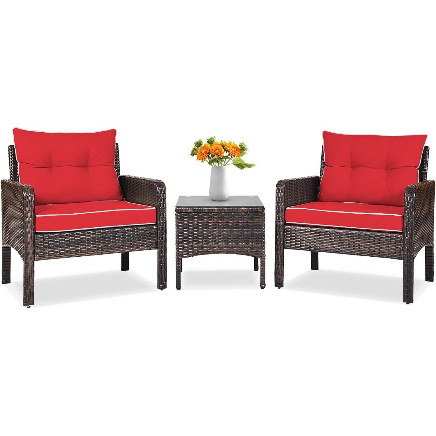 3-Piece Brown PE Rattan Outdoor Dining Patio Furniture Set with Red Cushions displayed on a patio with a small table and flowers.