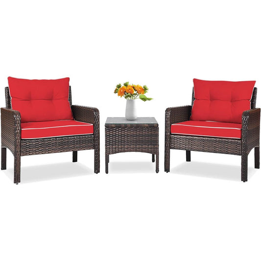 3-Piece Brown PE Rattan Outdoor Dining Patio Furniture Set with Red Cushions displayed on a patio with a small table and flowers.