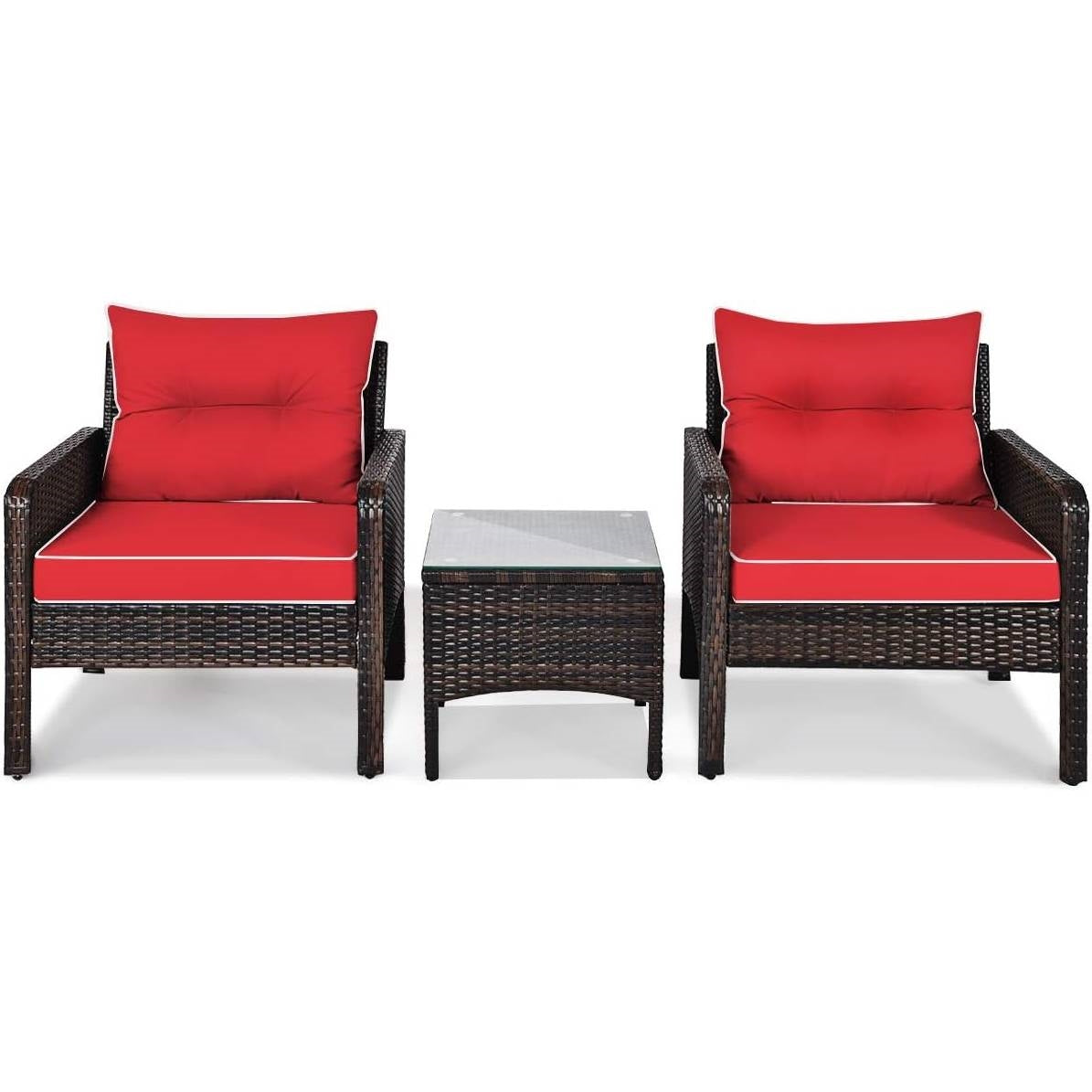 3-Piece Brown PE Rattan Outdoor Dining Patio Furniture Set with Red Cushions, featuring two chairs and a table.