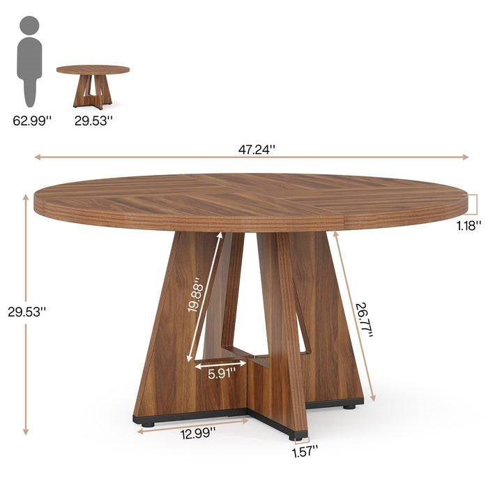 Farmhouse 47-inch Round Kitchen Dining Table in Vintage Brown Wood Finish with measurements and rustic style.