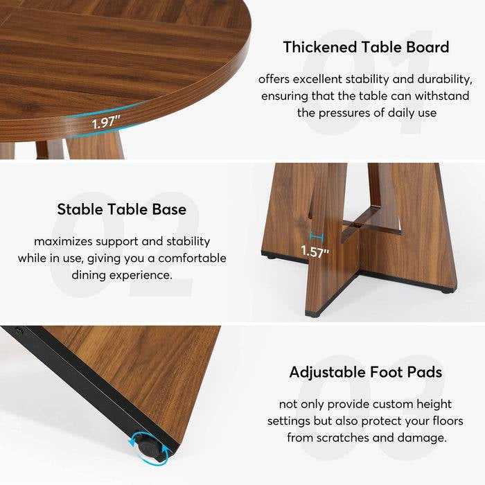 Features of Farmhouse 47-inch Round Kitchen Dining Table in Vintage Brown Wood Finish with thick table board, stable base, adjustable foot pads