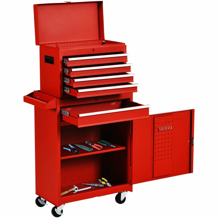 Red Heavy Duty Steel Lockable Rolling Tool Chest Mobile Garage Storage Cart with 5 drawers and detachable cabinet