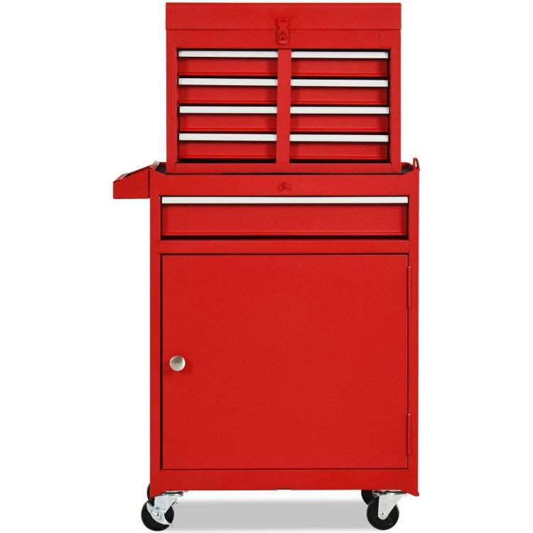 Red Heavy Duty Steel Lockable Rolling Tool Chest Mobile Garage Storage Cart with 5 drawers and detachable design for optimal organization.
