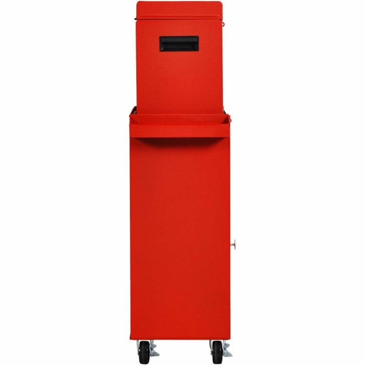 Red Heavy Duty Steel Lockable Rolling Tool Chest Mobile Garage Storage Cart with 5 drawers, 2 trays, and detachable boxes.