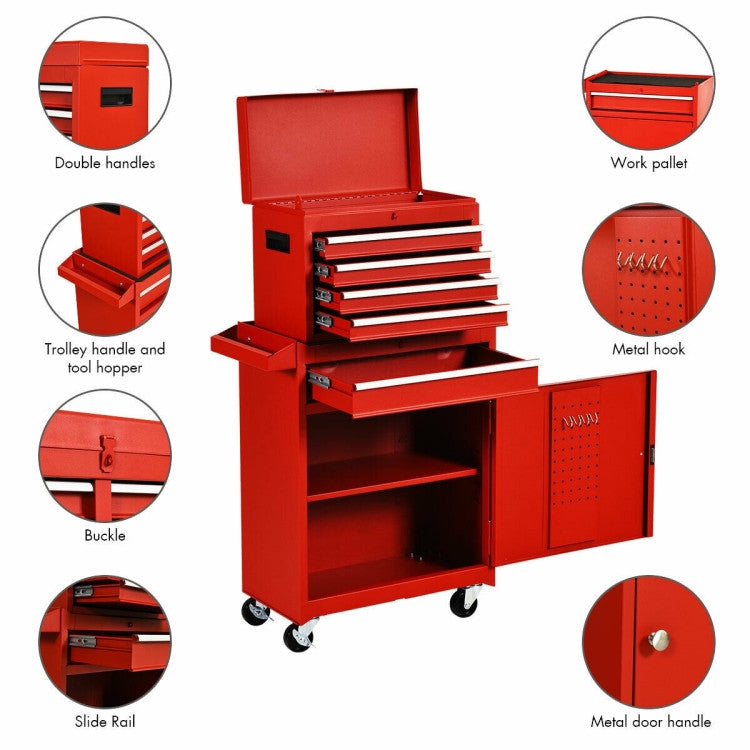 Red Heavy Duty Steel Lockable Rolling Tool Chest Mobile Garage Storage Cart with drawers and cabinet.