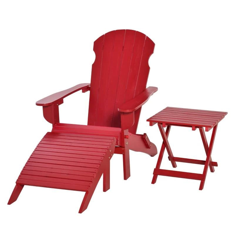 3-Piece Red Folding High-back Adirondack Chair Ottoman and Side Table set for outdoor seating