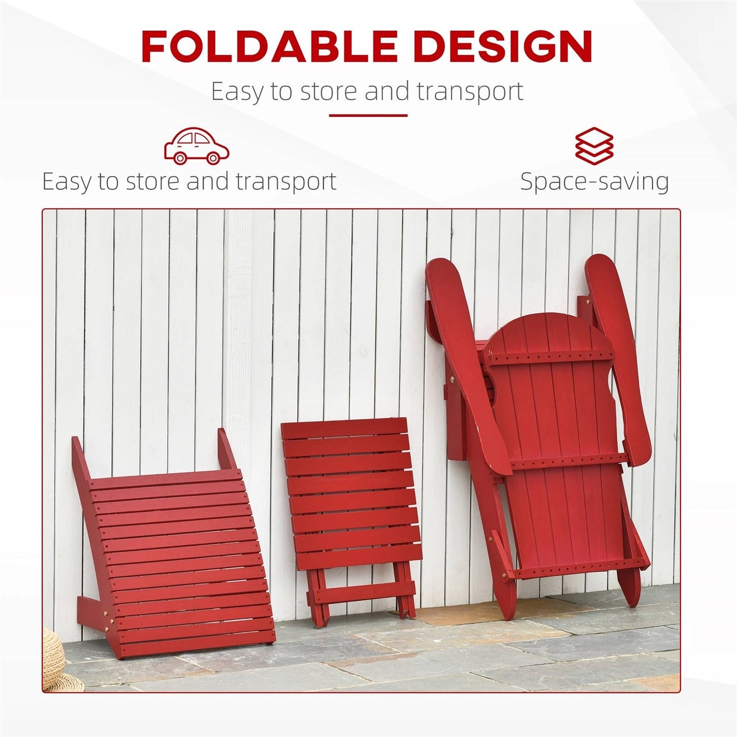 Folded 3-Piece Red Folding High-back Adirondack Chair Ottoman and Side Table against a wall showcasing easy storage.