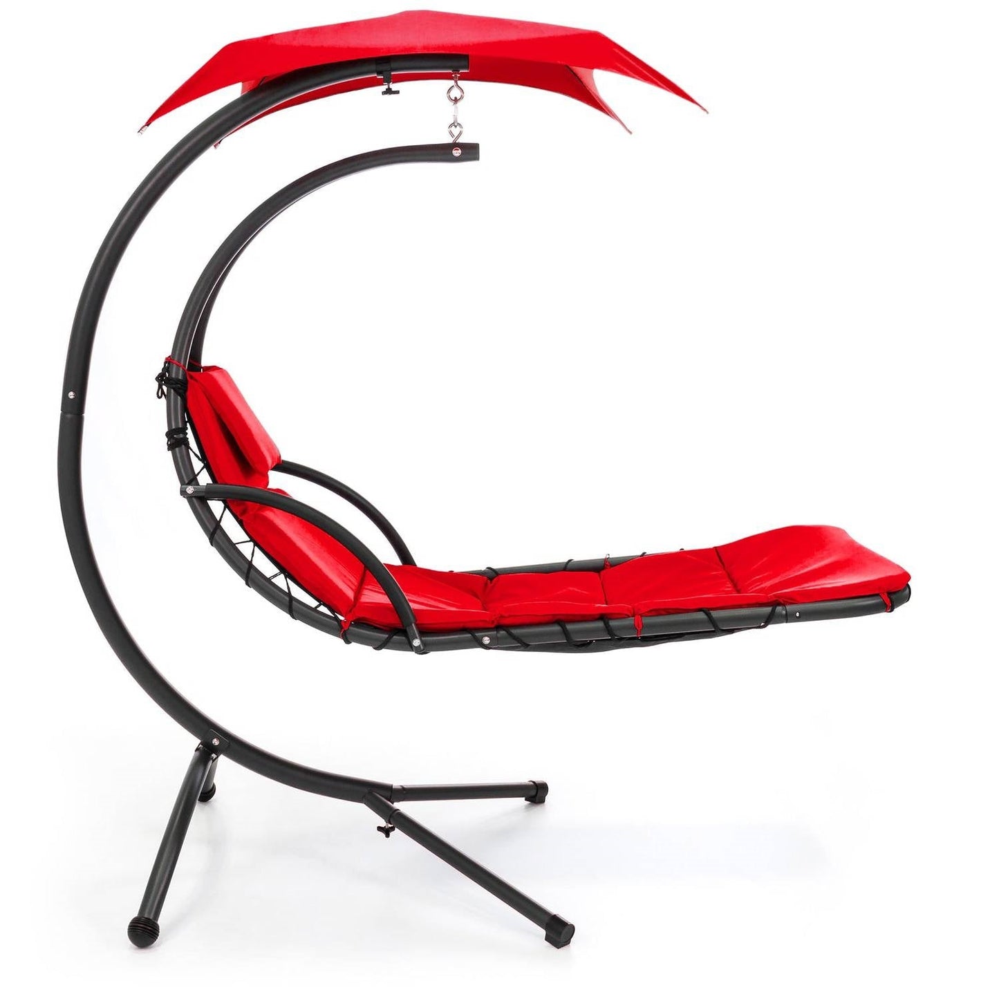 Red Single Person Sturdy Modern Chaise Lounger Hammock Chair Porch Swing with canopy and cushion