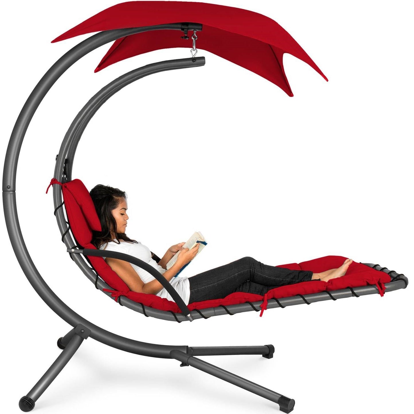 Woman relaxing on a Red Single Person Sturdy Modern Chaise Lounger Hammock Chair Porch Swing with canopy.
