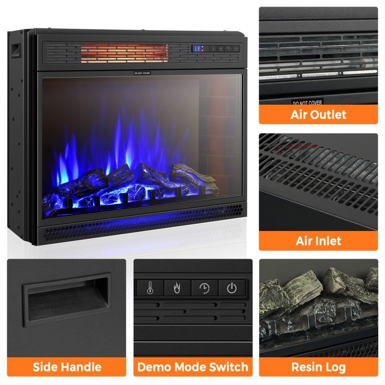 25 inch 3 Flame Colors Recessed Electric Heater showcasing air inlet, outlet, side handle, controls, and resin log features.