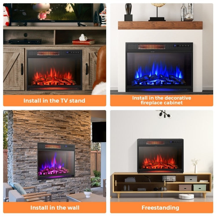 Installation options for 25 inch 3 Flame Colors Recessed Electric Heater in TV stand, fireplace cabinet, wall, and freestanding.