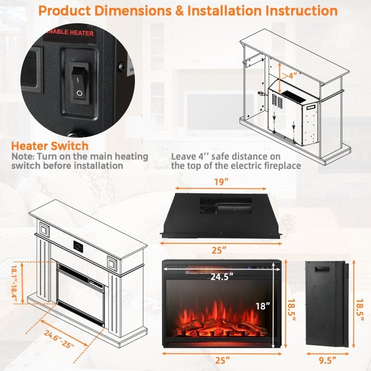 Installation guide and dimensions for the 25 inch 3 Flame Colors Recessed Electric Heater