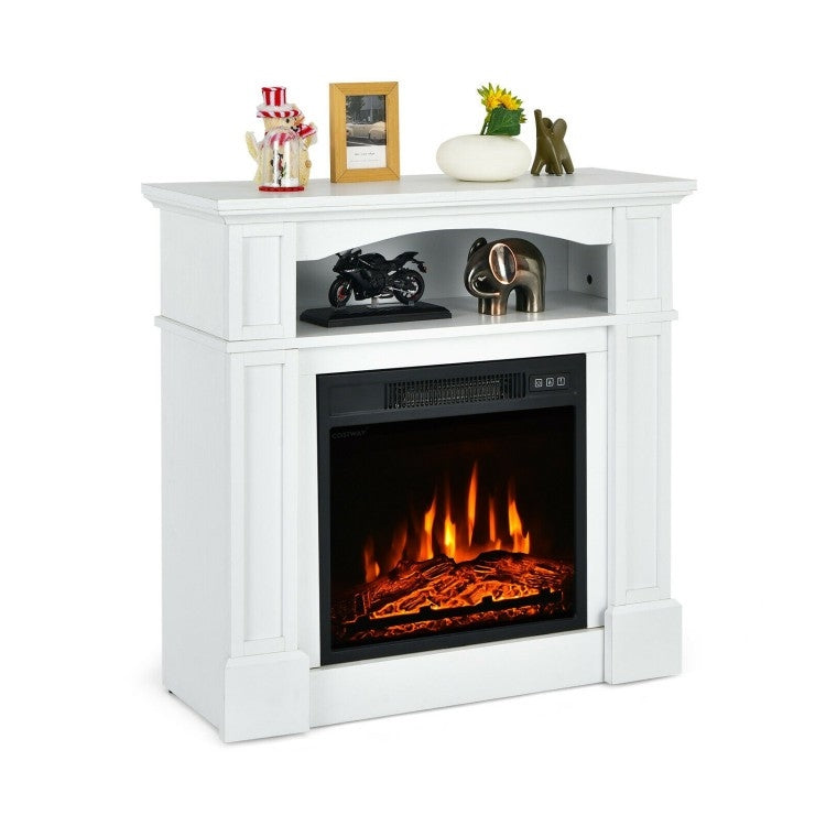 32 inch 1,400 Watt Electric TV Stand Fireplace with Shelf White in a living room setting