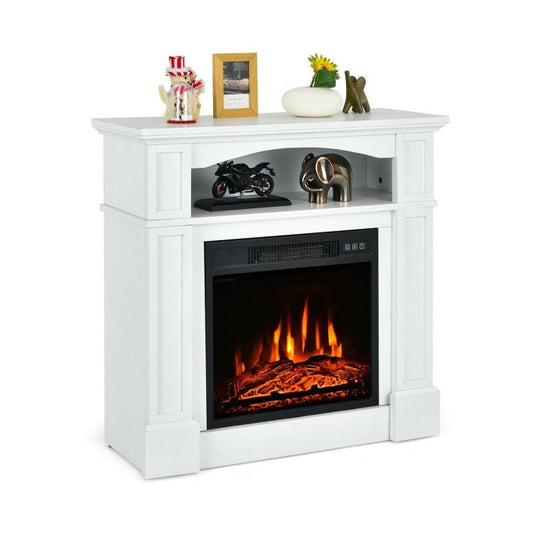 32 inch 1,400 Watt Electric TV Stand Fireplace with Shelf White in a living room setting