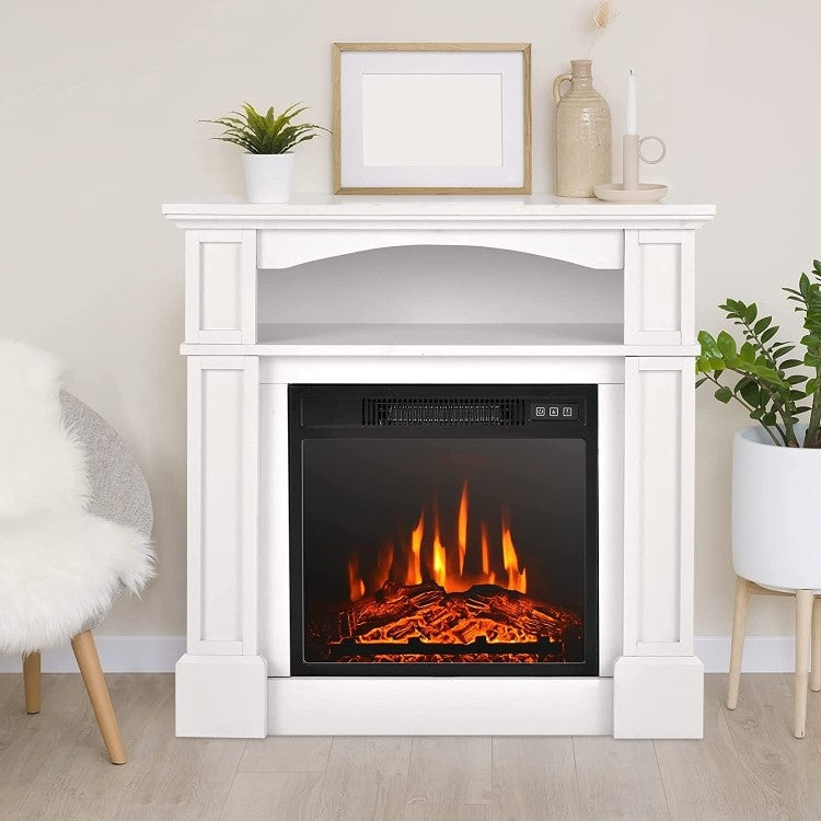 32 inch 1,400 Watt Electric TV Stand Fireplace with Shelf White in a modern living room setting