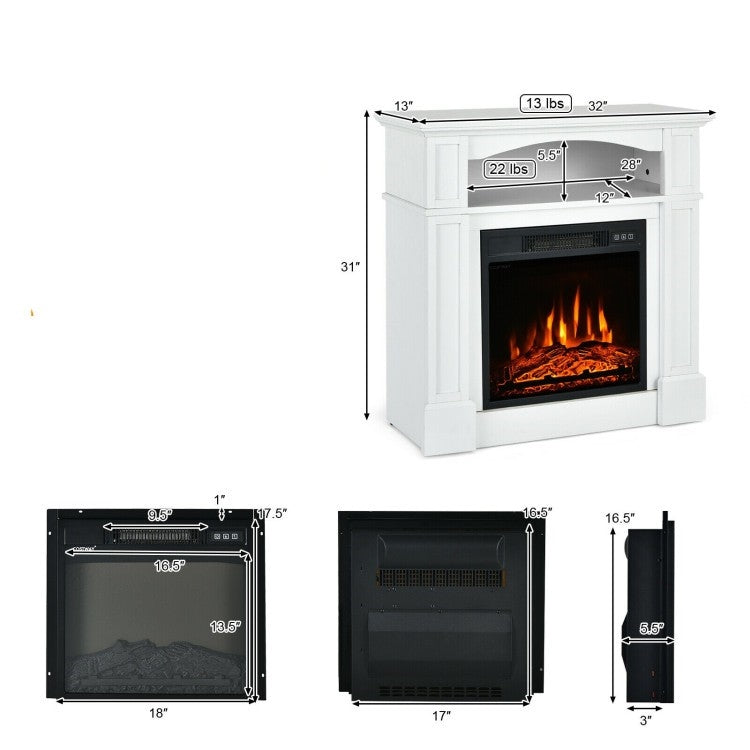 32 inch 1,400 Watt Electric TV Stand Fireplace with Shelf White, showing dimensions and internal components in a white finish.