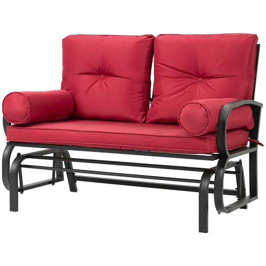 Steel Outdoor Garden Patio Rocking Glider Chair Loveseat with Red Cushions featuring a smooth gliding system and tufted design.
