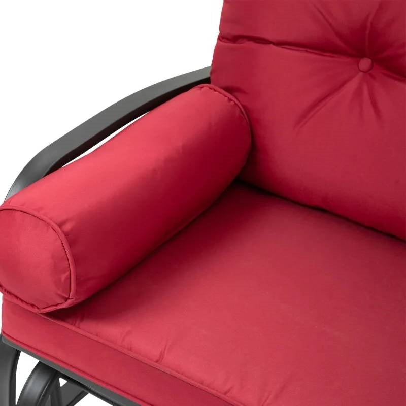 Close-up of Steel Outdoor Garden Patio Rocking Glider Chair Loveseat with Red Cushions, featuring button tufting and smooth gliding design.