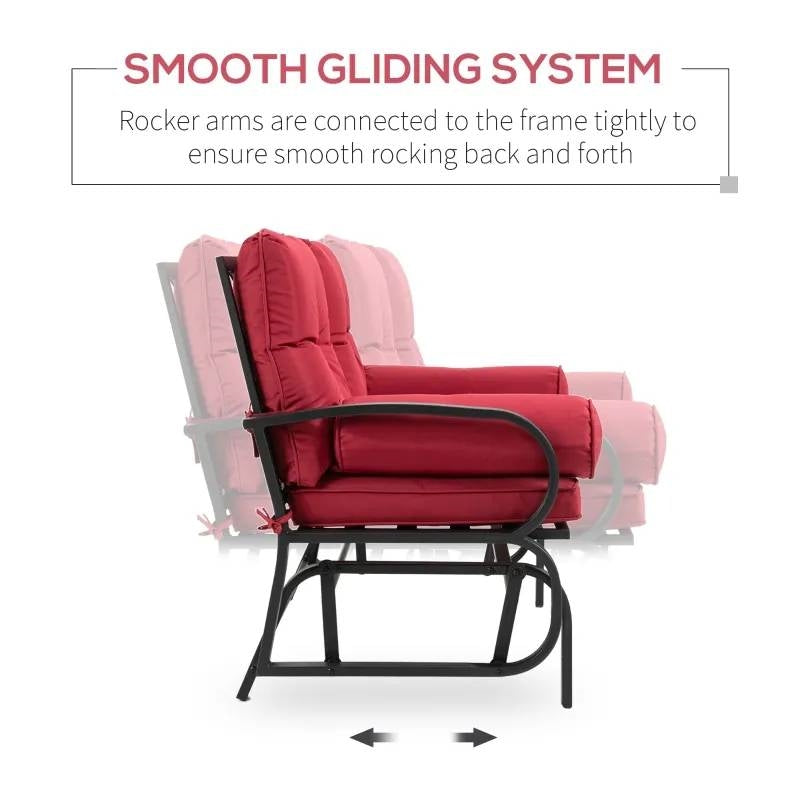Steel Outdoor Garden Patio Rocking Glider Chair Loveseat with Red Cushions showing smooth gliding system.
