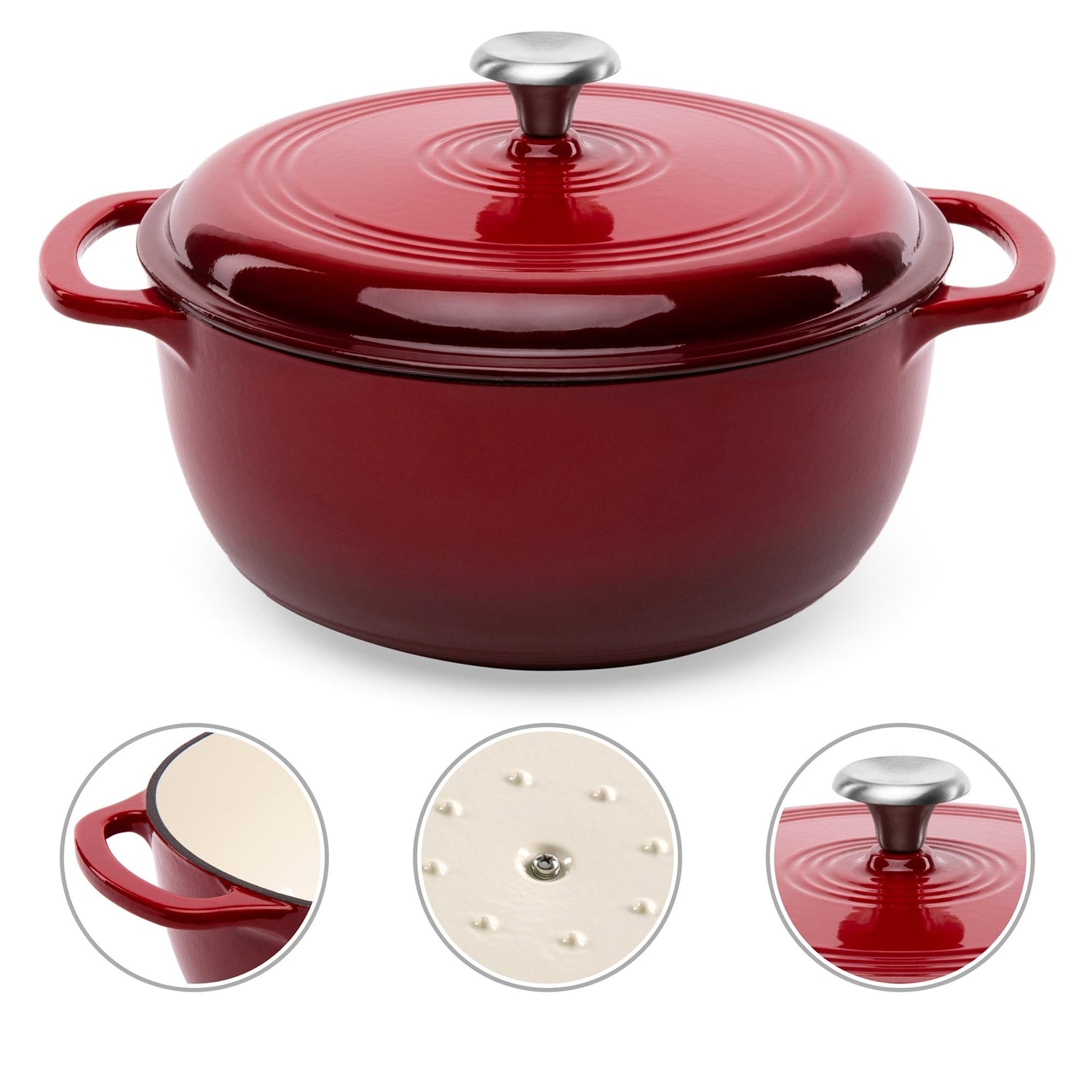 6 Quart Large Red Enamel Cast-Iron Dutch Oven Kitchen Cookware with lid and handles, showing interior and exterior details.