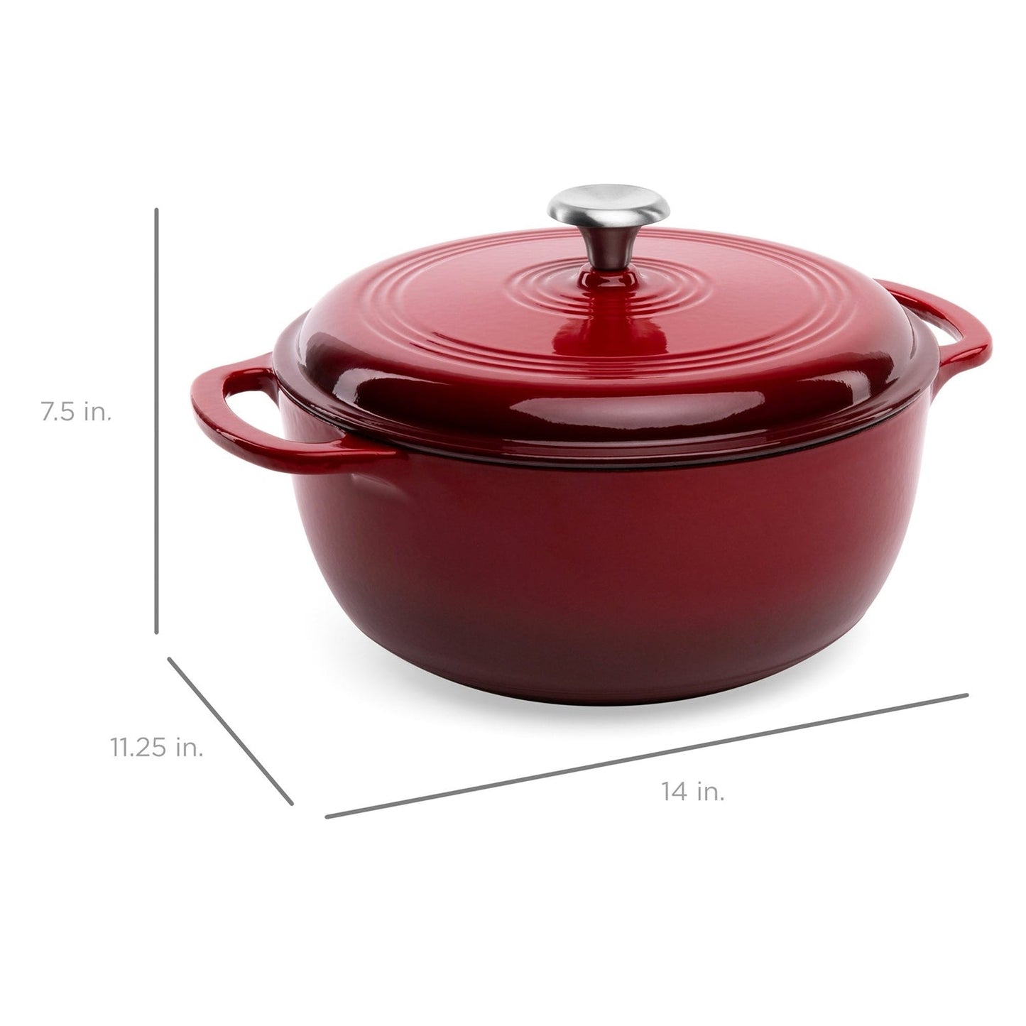 6 Quart Large Red Enamel Cast-Iron Dutch Oven Kitchen Cookware with lid and measurements