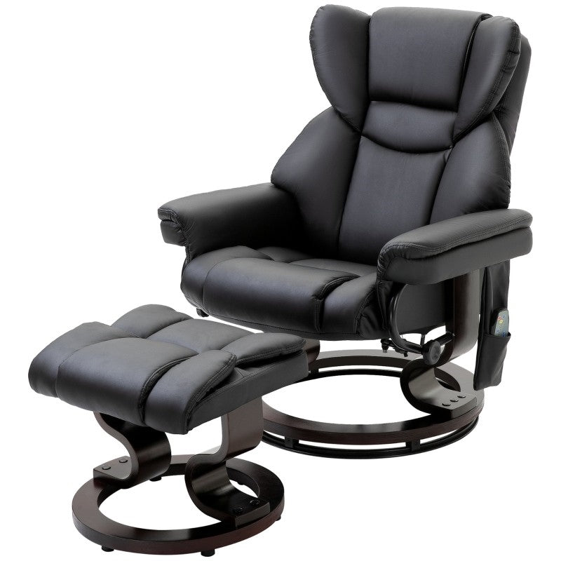 Adjustable Black Faux Leather Remote Massage Recliner Chair w/ Ottoman, sleek design with wood base, perfect for relaxation and comfort.