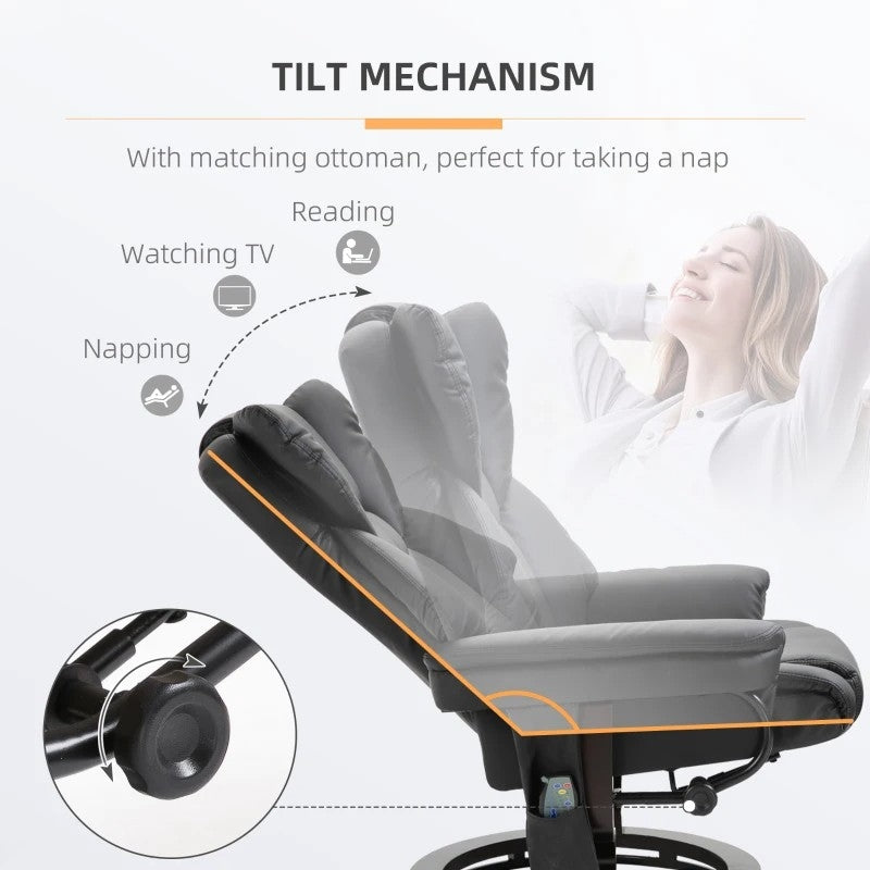 Adjustable Black Faux Leather Remote Massage Recliner Chair w/ Ottoman showcasing tilt mechanism with seating positions.