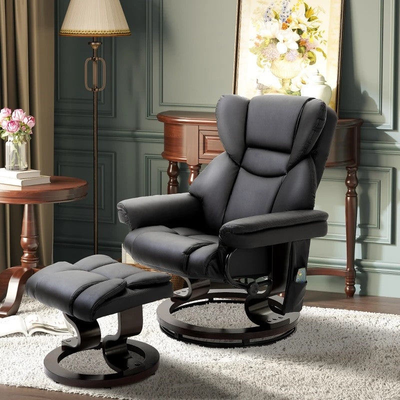 Adjustable Black Faux Leather Remote Massage Recliner Chair w/ Ottoman in elegant living room setting.
