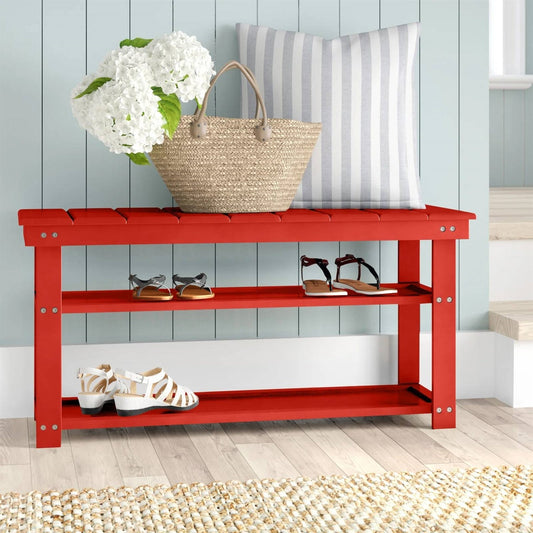Red Wooden 2-Shelf Shoe Rack Storage Bench for Entryway or Closet with decor and storage space for shoes, flowers, and accessories.