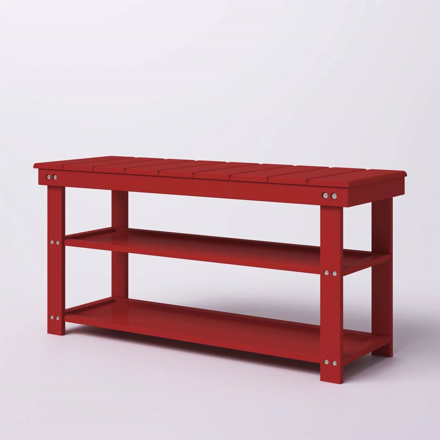 Red Wooden 2-Shelf Shoe Rack Storage Bench for Entryway or Closet, featuring a modern design with a planked top and sturdy construction.