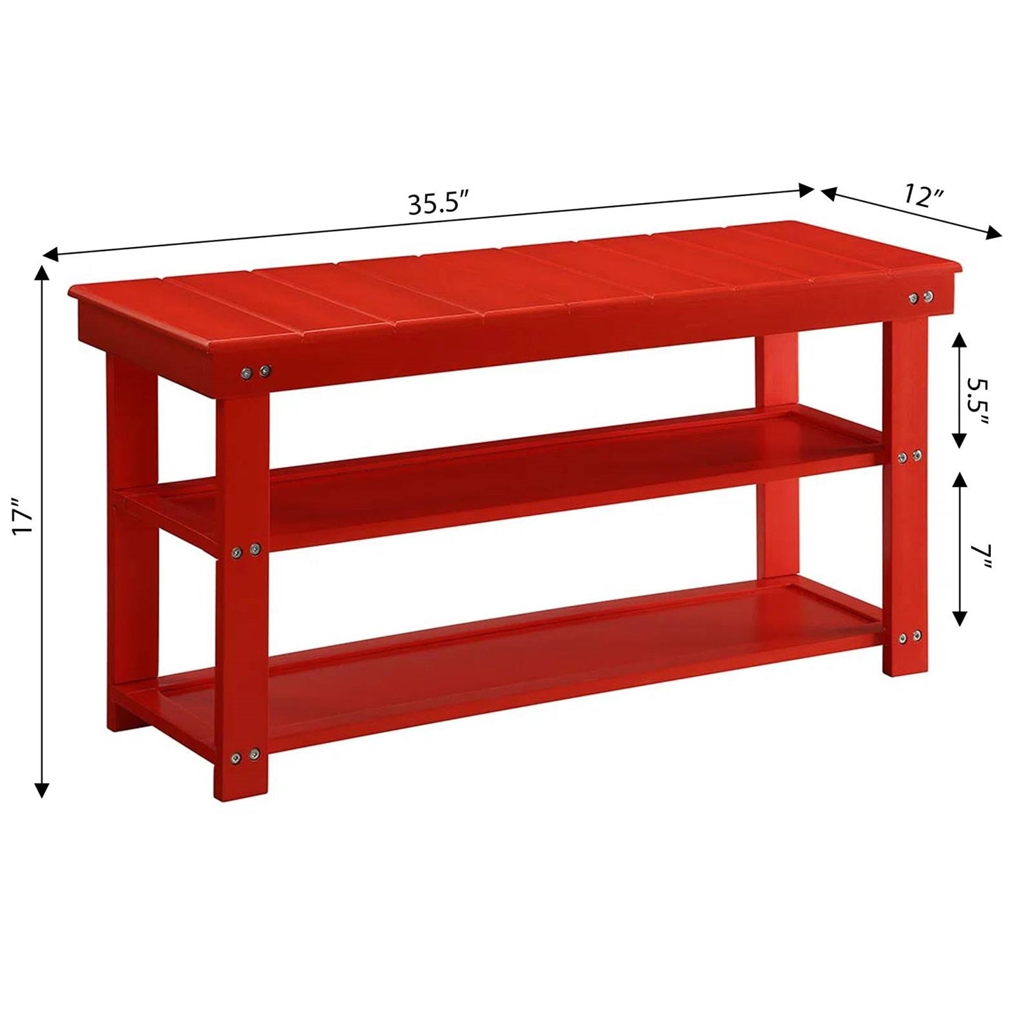 Red Wooden 2-Shelf Shoe Rack Storage Bench for Entryway or Closet with dimensions shown