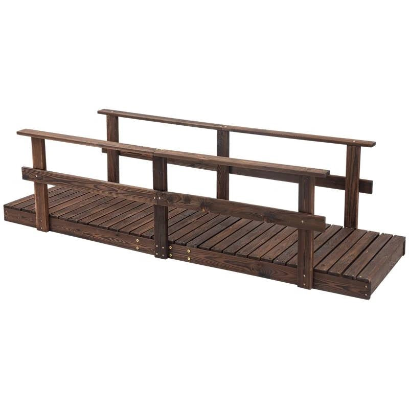 7 ft. Outdoor Wooden Garden Bridge with Hand Rails in Carbonized Wood Finish, ideal for ponds and garden walkways.
