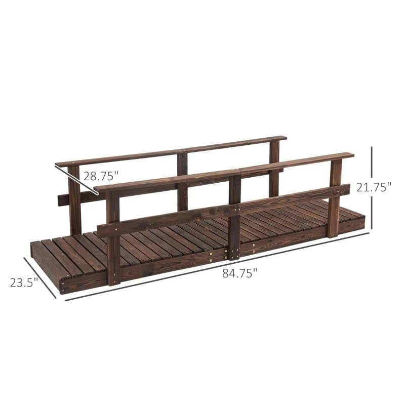 7 ft. Outdoor Wooden Garden Bridge with Hand Rails in Carbonized Wood Finish, ideal for streams and gardens.