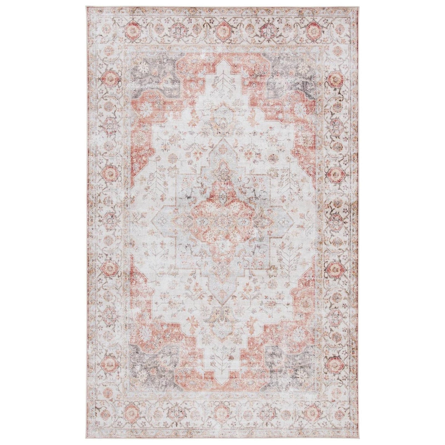 6 ft. x 9 ft. Traditional Persian Style Washable Boho Light Grey Red Area Rug with medallion print