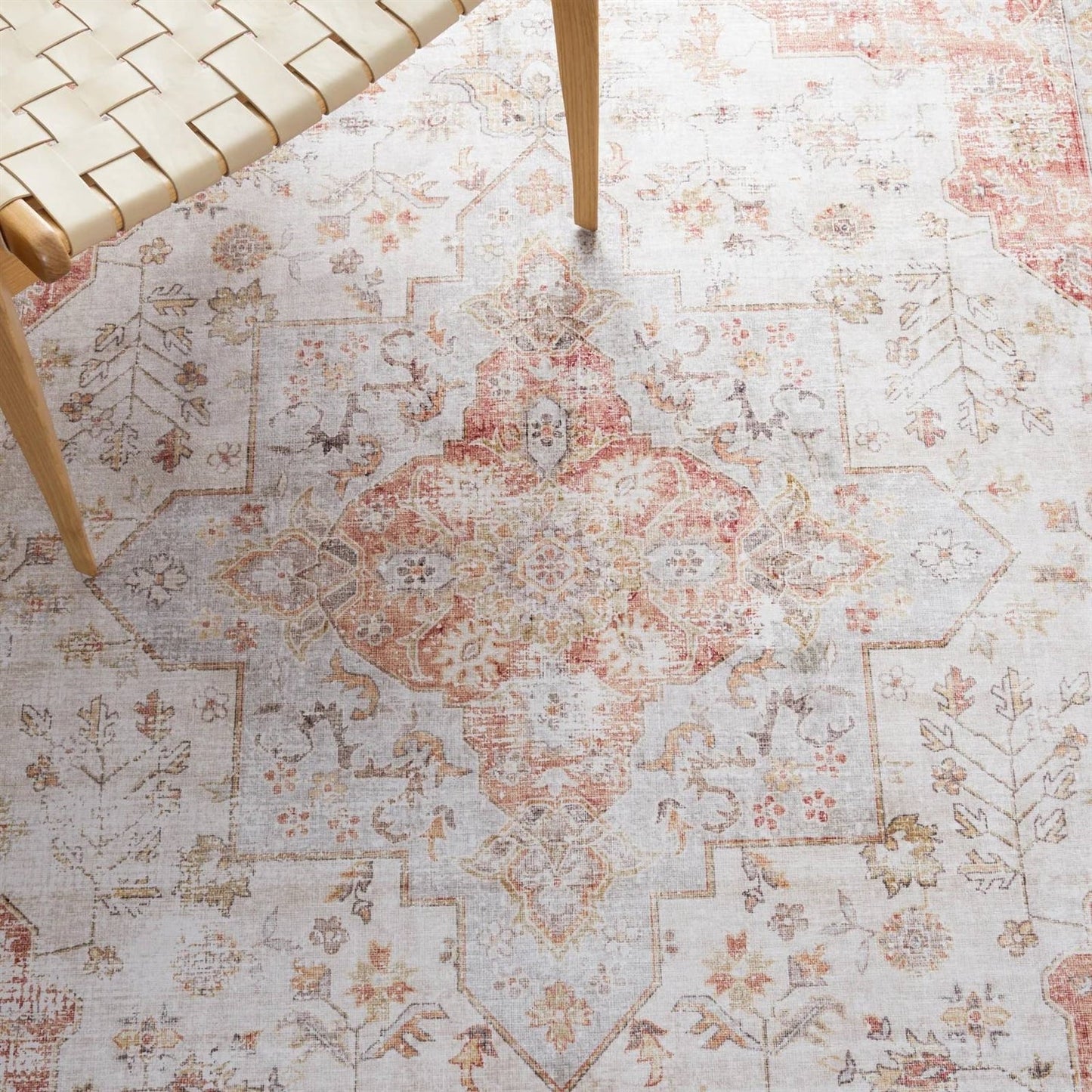 6 ft. x 9 ft. Traditional Persian Style Washable Boho Light Grey Red Area Rug with medallion print, stain-resistant polyester