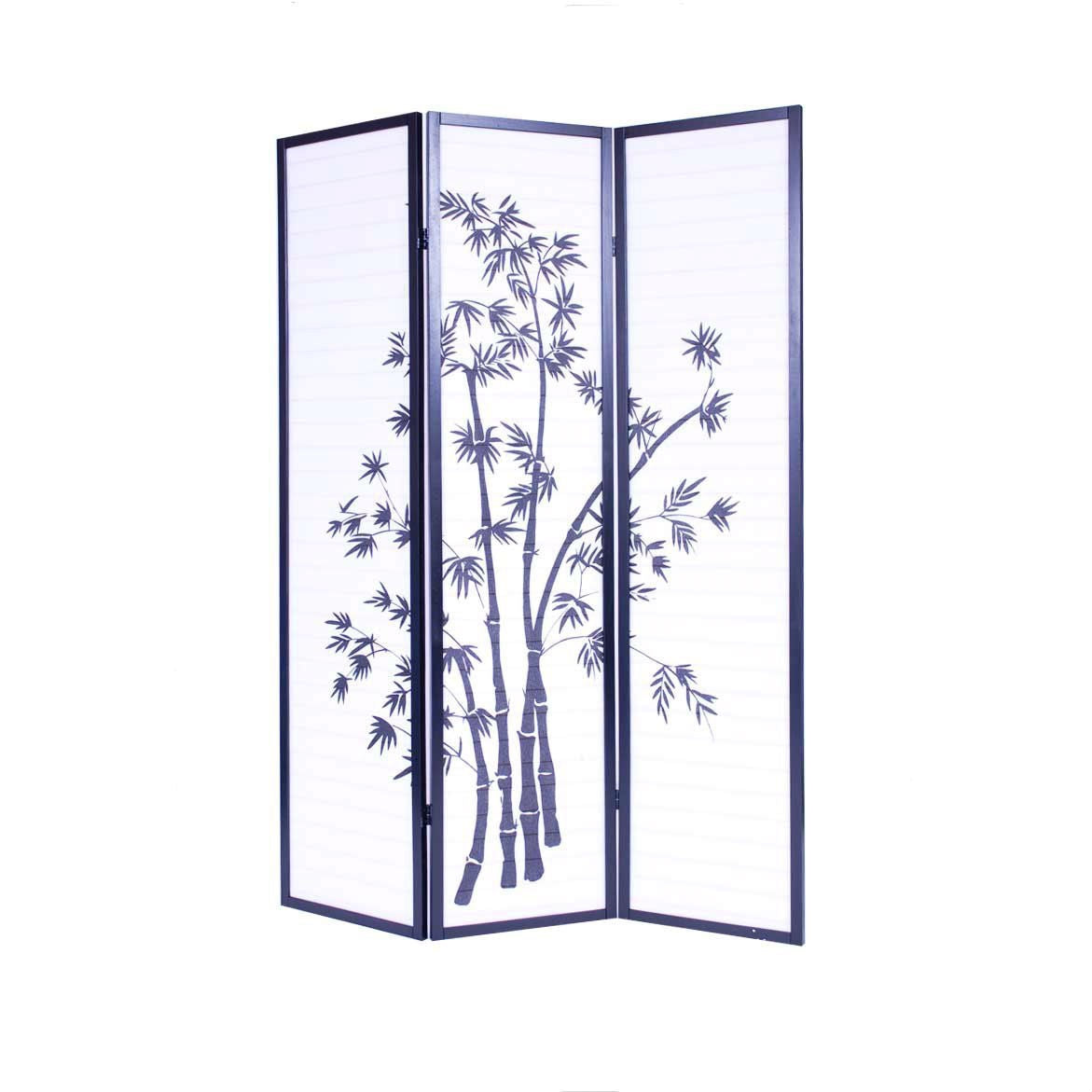 3-Panel Asian Shoji Screen Room Divider with Bamboo Print featuring a black wooden frame and fiberglass-like rice paper, Japanese style.