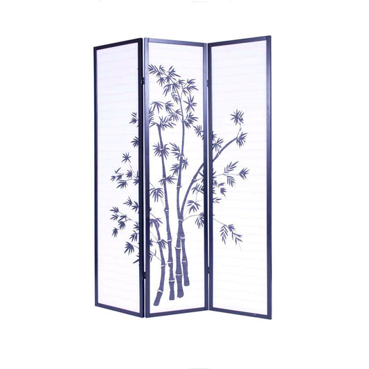 3-Panel Asian Shoji Screen Room Divider with Bamboo Print featuring a black wooden frame and fiberglass-like rice paper, Japanese style.