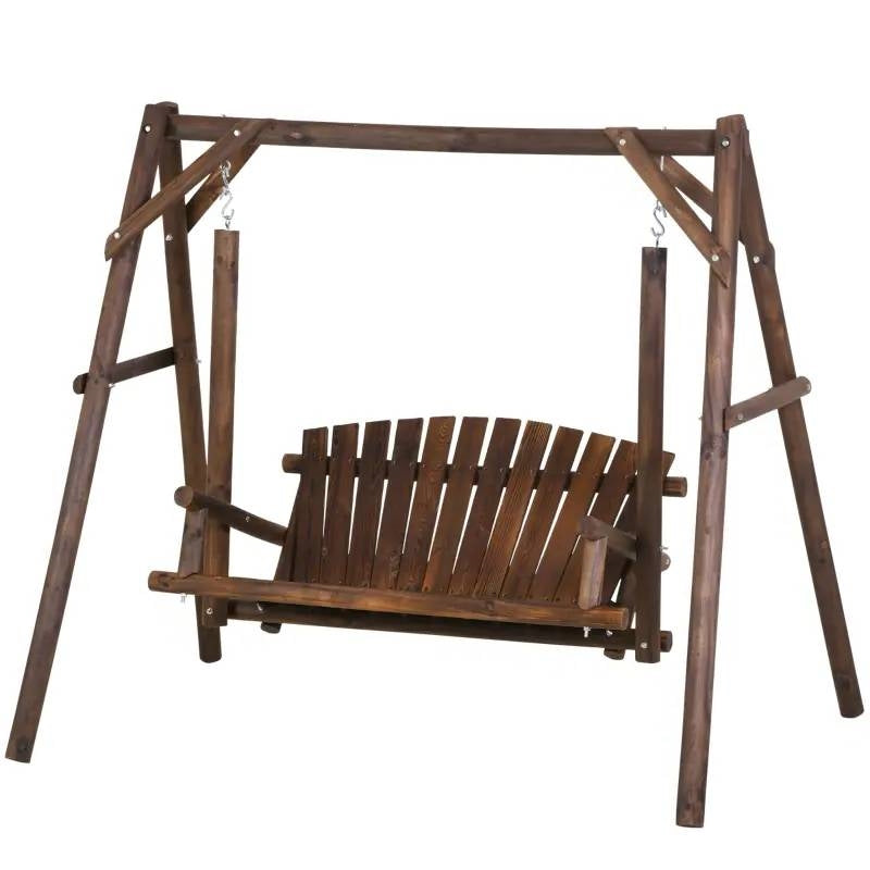 FarmHouse Log A-Frame 2-Seat Wooden Swing Bench with natural fir logs in carbonized stain, perfect for garden or patio.