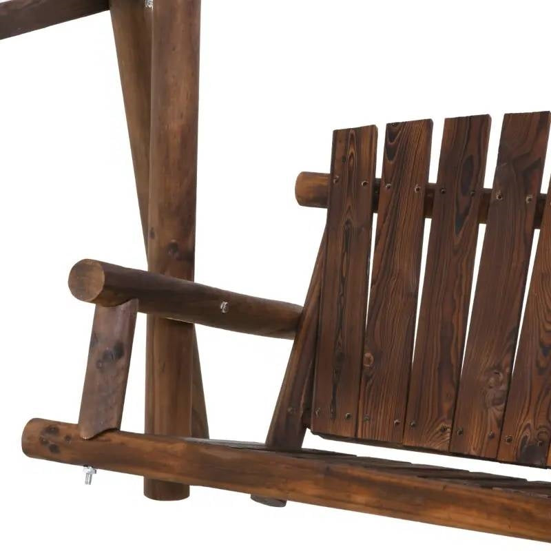 FarmHouse Log A-Frame 2-Seat Wooden Swing Bench with natural fir logs and carbonized wood finish, suitable for outdoor use.